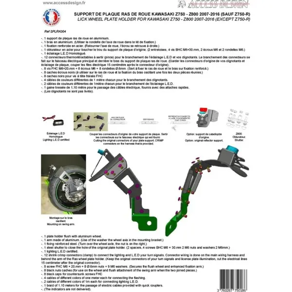 Support de plaque ACCESS DESIGN ''ras de roue'' noir Kawasaki Z800