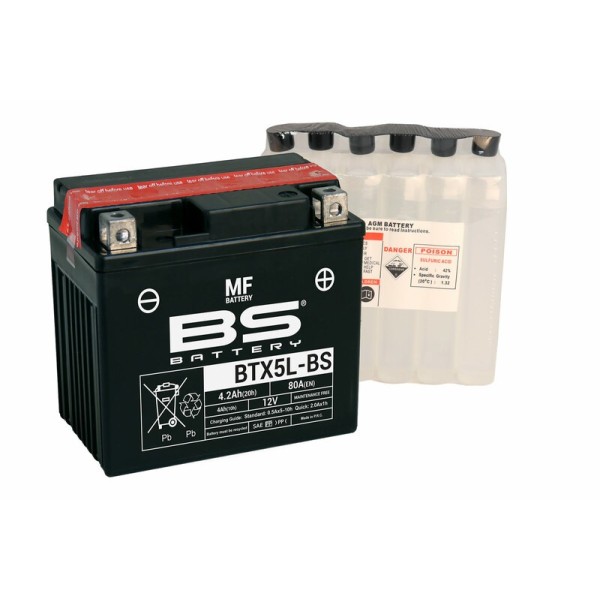 Batterie BS BATTERY sans entretien avec pack acide - BTX5L-BS