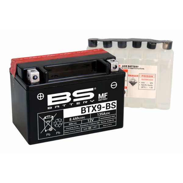 Batterie BS BATTERY Sans entretien avec pack acide - BTX9