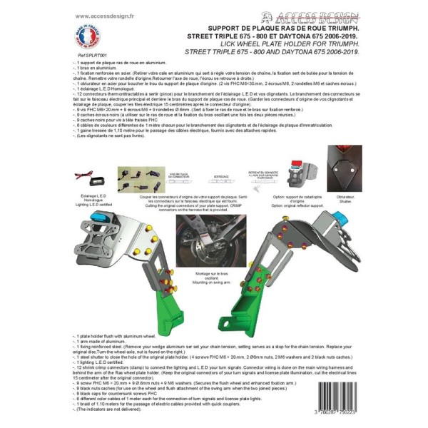 Support de plaque ACCESS DESIGN ''ras de roue'' noir Triumph Street Triple 800