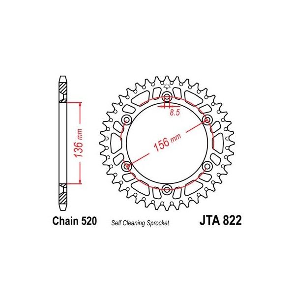 Couronne alu 52 dents JT Sprockets ultra-light anti-boue type 822 chaîne 520 