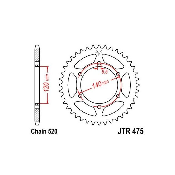 Couronne acier 40 dents JT Sprockets type 475 chaîne 520 Kawasaki KL250 