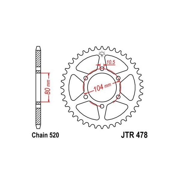 Couronne acier 45 dents JT Sprockets type 478 chaîne 520 ZXR400 1990