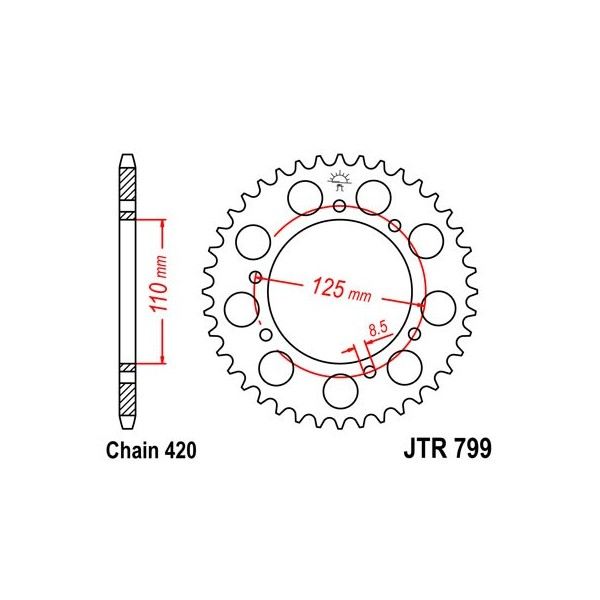 Couronne acier 50 dents JT Sprockets type 799 chaîne 420 SUZUKI RMX 50 97-99 