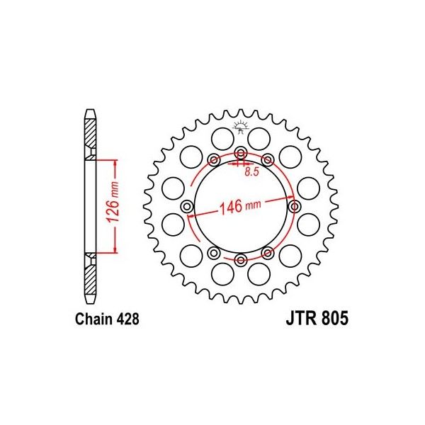 Couronne acier 50 dents JT Sprockets type 805 chaîne 428 Suzuki DS125SM 