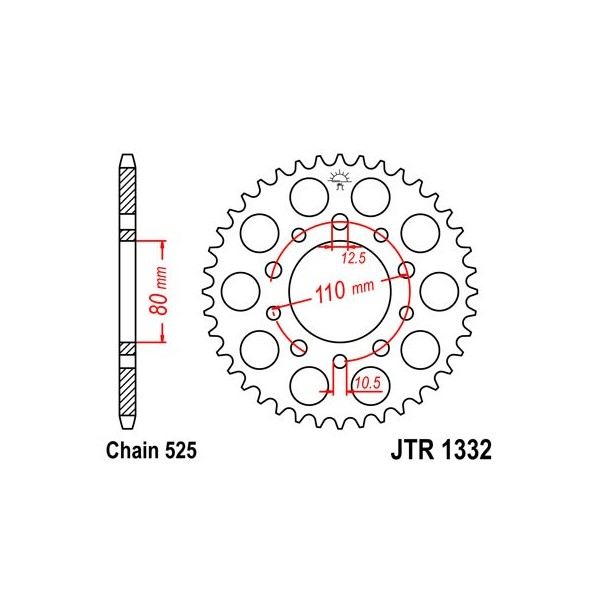 Couronne acier 36 dents JT Sprockets type 1332 chaîne 525 CMX450 REBEL 1986-87 ET XBR500 1987-88