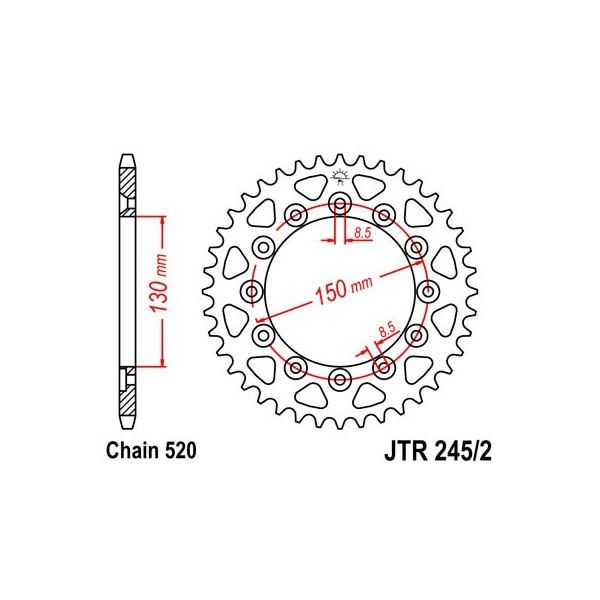 Couronne acier 38 dents JT Sprockets type 245/2 chaîne 520 XL350R 1985-87