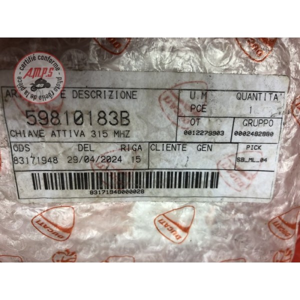 Clé avec transpondeur Ducati 59810183B